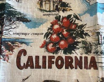 California Map Kay Dee Linen Tea Towel by Richard Batchelder Beautiful Reds, brown Blues SALE Linen Hollywood SF Golden Gate Redwood LA Disn
