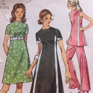 Vintage 70s Pattern Sewing Simplicity 1970 No. 9206 Size 12 Bust 34 Dress or Tunic Pants Princess Seaming Collarless Knits Vintage image 4