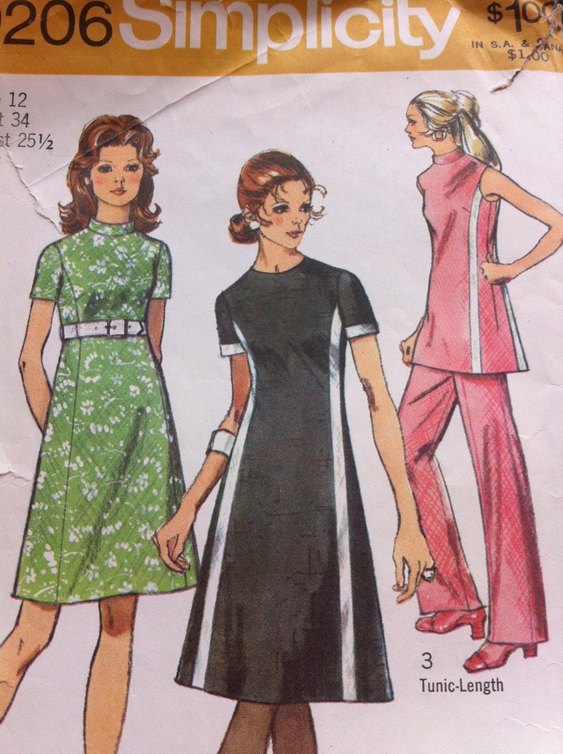 Vintage 70s Pattern Sewing Simplicity 1970 No. 9206 Size 12 Bust 34 Dress or Tunic Pants Princess Seaming Collarless Knits Vintage image 4