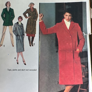 May include: Vintage sewing pattern featuring coat designs. The pattern includes illustrations of coats in green, gray, and brown. The text on the pattern reads "CONTAINS TWO SIZES SIZE 6&8 MISS" and "Tops, pants and skirt not included". The pattern number is 9158.