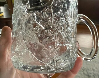 McDonalds Clear Glass Mug The Riddler Batman Forever series 1995 Clear mug with handle 3.25 inches tall w 3” diameter made in USA Riddler