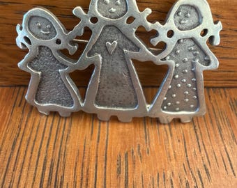 Three Sisters Vintage Brooch Cynthia Webb artist 3 sisters Pewter signed on back