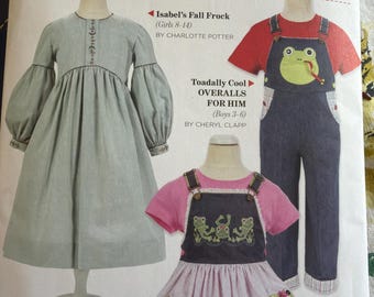 Classic Sewing Pfaff Pattern Kids Boys Cool Overalls size 3-6, Fall Frock girl sz 8-14, Jumper girls 4-8 FF