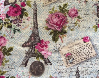 New 1 Yard Brother Sister Design Vintage Paris Eiffel Tower Rose flowers Post card butterfly Cotton Fabric Beautiful muted colors pink blue