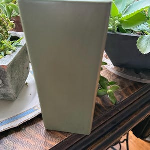 May include: A tall, rectangular, sage green ceramic planter. The planter has a slightly tapered shape and a square opening at the top. The background includes other plants and a wooden surface.