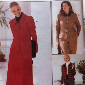 May include: A sewing pattern featuring three different suit styles. One model wears a red skirt suit with a long skirt and button-up jacket. Another model wears a tan suit with a black collar. The third model wears a red and black plaid jacket.