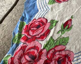 Vintage Handkerchief Blue white and red Roses great condition beautiful rolled edge start your collection Hankies