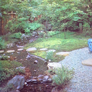 May include: A Japanese garden with a small stream running through it. The stream is lined with rocks and there are stepping stones leading across it. The garden is covered in green moss and there are trees and bushes in the background.