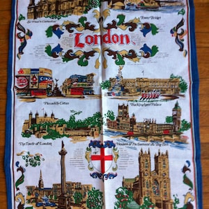 LONDON Linen Tea Towel Architectural Linen Beautiful Gold, Browns Red & Blue Towel Cotton or Linen Blend