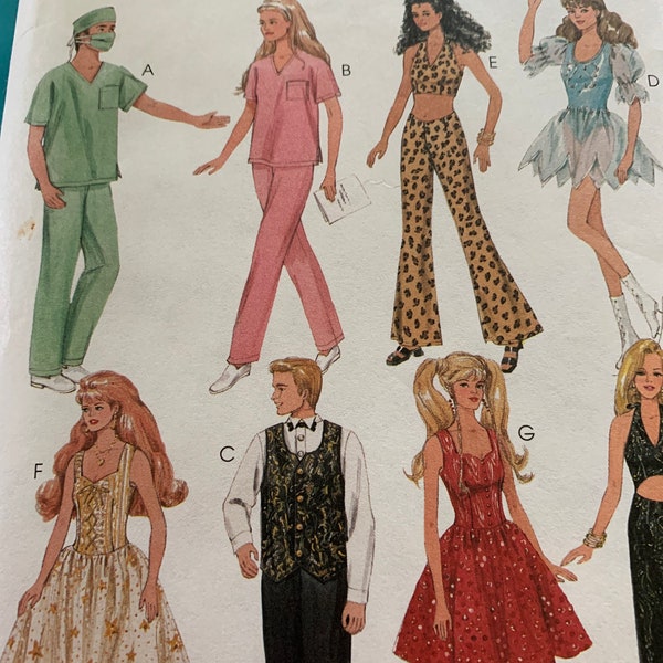 Mccalls 9663 Vintage 1990s wardrobe for Barbie 11 inch Fashion Doll scrubs shirt vest Ken ice skating  halter top dress prom fancy dress