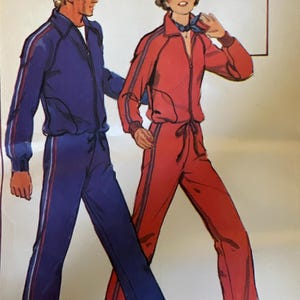 May include: Illustration of two people wearing matching tracksuits. One is in blue with white and red stripes, the other in red with blue stripes. Both outfits include a zip-up jacket and drawstring pants.