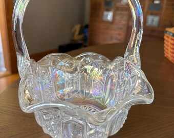 L E Smith Iridescent Clear Carnival Glass Basket with Handle Quintec pattern high quality