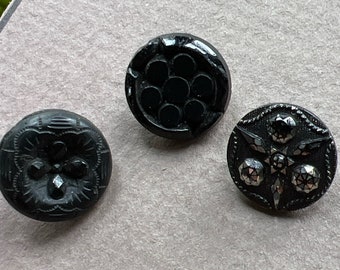 Antique Black Glass Buttons great condition beautiful Black glass silver luster nice borders trio of buttons start your collection  buttons