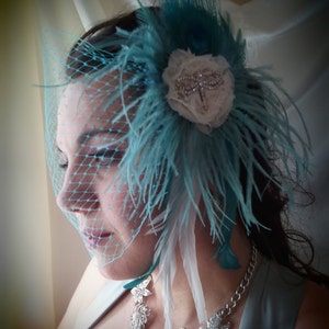 Light  Blue Fascinator - Light Blue Hair Piece - Feathered Fascinator - Fascinator with Birdcage Veil
