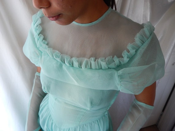 Vintage Bridesmaid Dress - Light Aqua Blue Gown -… - image 1