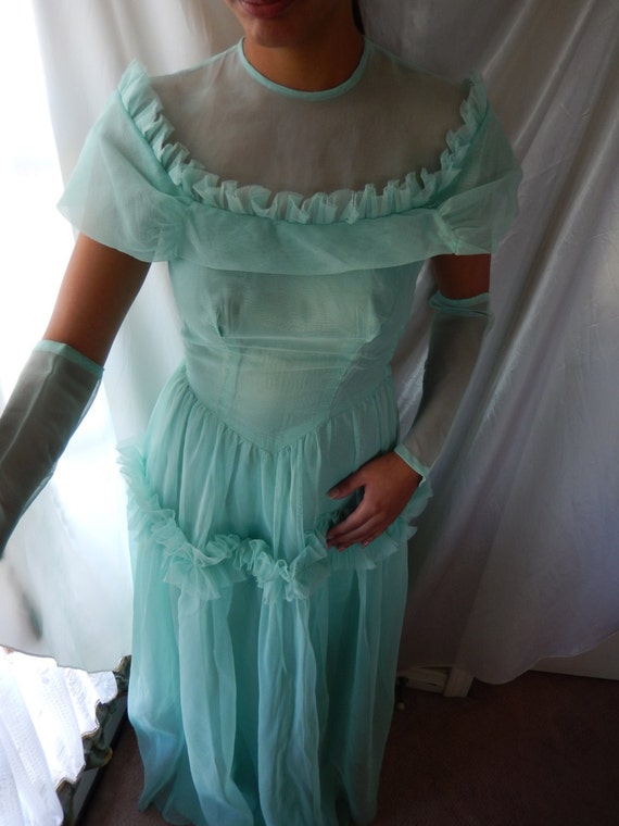 Vintage Bridesmaid Dress - Light Aqua Blue Gown -… - image 2