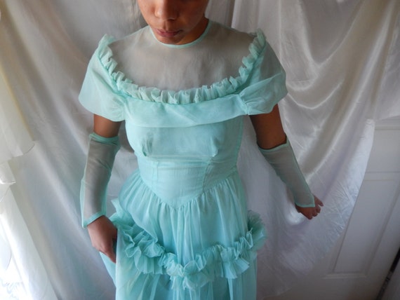 Vintage Bridesmaid Dress - Light Aqua Blue Gown -… - image 5