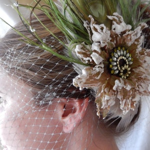 Bridal Fascinator Bridal Hairpiece Wedding Fascinator Moss Green Fascinator Bridal Veil Feathered Hairpiece image 1
