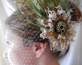 Bridal Fascinator - Bridal Hairpiece - Wedding Fascinator - Moss Green Fascinator - Bridal Veil - Feathered Hairpiece