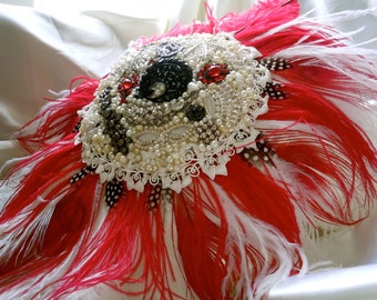 Brooch Bouquet - Bridal Brooch Bouquet - Broach Bouquet - Red Brooch Bouquet - Gothic Brooch Bouquet - Feathered Brooch Bouquet