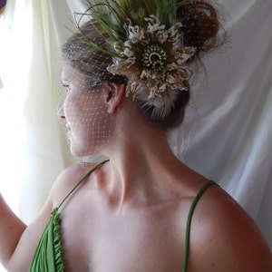 Bridal Fascinator Bridal Hairpiece Wedding Fascinator Moss Green Fascinator Bridal Veil Feathered Hairpiece image 5