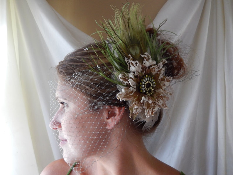 Bridal Fascinator Bridal Hairpiece Wedding Fascinator Moss Green Fascinator Bridal Veil Feathered Hairpiece image 4