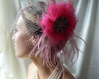 Feathered Fascinator - Hot  Pink Fascinator - Jeweled Fascinator - Bridal Head Piece - Pink Veil & Headpiece