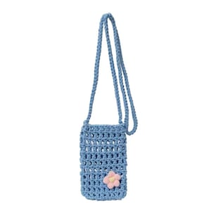 May include: A light blue crochet phone bag with a long strap. The bag features an open weave design and a small pink and yellow flower applique on the front. The strap is approximately 40 inches long.