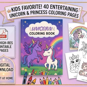 Puede incluir: Un conjunto de libro de colorear digital con 40 p&aacute;ginas de unicornios y princesas. La portada muestra dos unicornios bajo un arco&iacute;ris. Incluye un icono de PDF, texto de descarga digital y cuatro hojas de colorear en blanco y negro.