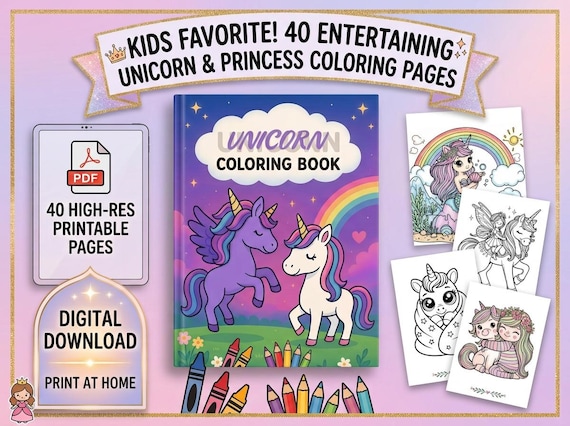 Printable Toddler Coloring Book, 40 Unicorn and Princess Coloring Pages for Kids, Easy Bold Line Art Digital Download PDF for Girls Ages 2-5