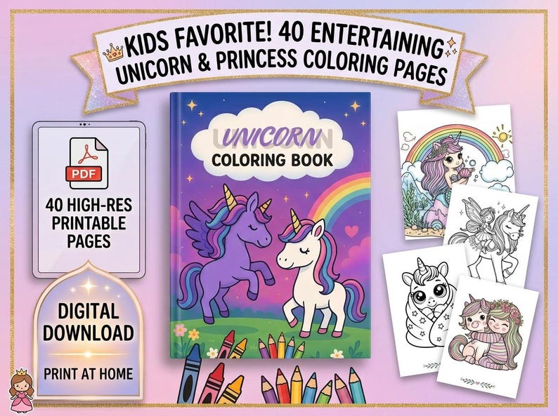 Puede incluir: Un conjunto de libro de colorear digital con 40 p&aacute;ginas de unicornios y princesas. La portada muestra dos unicornios bajo un arco&iacute;ris. Incluye un icono de PDF, texto de descarga digital y cuatro hojas de colorear en blanco y negro.