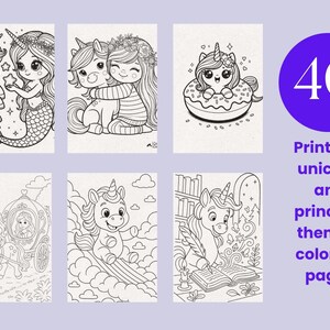 Puede incluir: Una colecci&oacute;n de 40 p&aacute;ginas para colorear imprimibles con arte lineal en blanco y negro de unicornios y princesas. Las im&aacute;genes incluyen un unicornio sirena, una ni&ntilde;a abrazando a un unicornio, un unicornio en una dona y un carruaje.