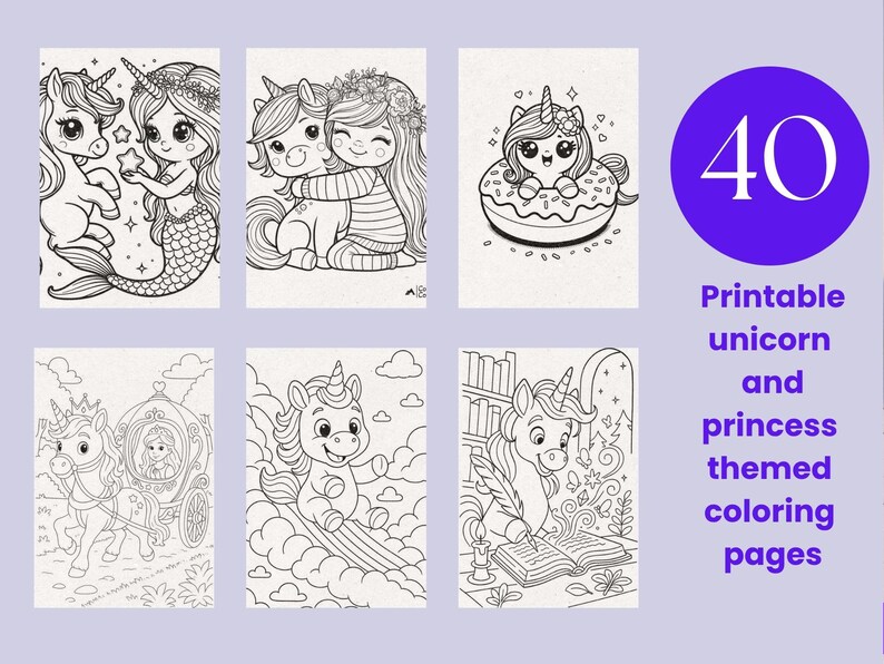 Puede incluir: Una colecci&oacute;n de 40 p&aacute;ginas para colorear imprimibles con arte lineal en blanco y negro de unicornios y princesas. Las im&aacute;genes incluyen un unicornio sirena, una ni&ntilde;a abrazando a un unicornio, un unicornio en una dona y un carruaje.