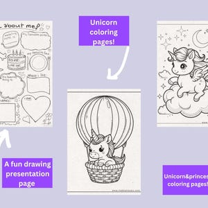 Puede incluir: Tres hojas de actividades imprimibles en blanco y negro que muestran un unicornio en un globo aerost&aacute;tico, un unicornio sobre una nube con estrellas y luna, y una p&aacute;gina All About Me con espacios para nombre, edad, comida y amigos.