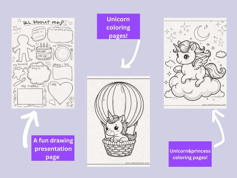 Puede incluir: Tres hojas de actividades imprimibles en blanco y negro que muestran un unicornio en un globo aerost&aacute;tico, un unicornio sobre una nube con estrellas y luna, y una p&aacute;gina All About Me con espacios para nombre, edad, comida y amigos.