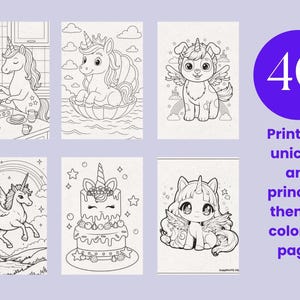 Puede incluir: Una colecci&oacute;n de 40 p&aacute;ginas para colorear imprimibles con tem&aacute;tica de unicornios y princesas, con ilustraciones de l&iacute;neas en blanco y negro de unicornios en una cocina, sentados en una concha, volando con alas y junto a un pastel sobre fondo lila.