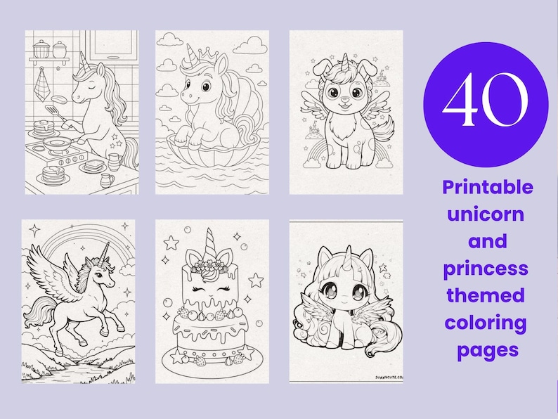 Puede incluir: Una colecci&oacute;n de 40 p&aacute;ginas para colorear imprimibles con tem&aacute;tica de unicornios y princesas, con ilustraciones de l&iacute;neas en blanco y negro de unicornios en una cocina, sentados en una concha, volando con alas y junto a un pastel sobre fondo lila.