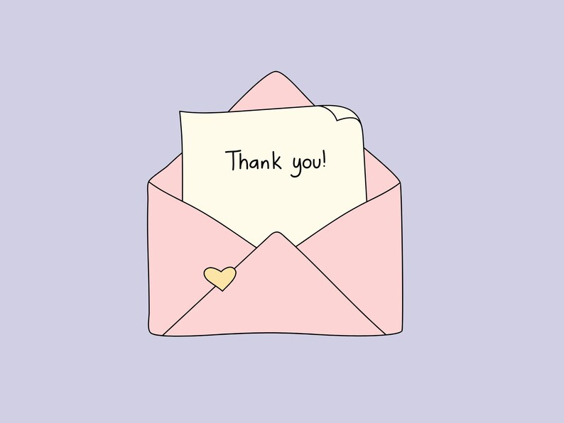 Puede incluir: Un sobre rosa claro con un peque&ntilde;o icono de coraz&oacute;n amarillo en la solapa frontal. Dentro del sobre hay una nota de color crema con el texto Thank you! escrito en letras negras, sencillas y redondeadas. Ilustraci&oacute;n con contornos negros.