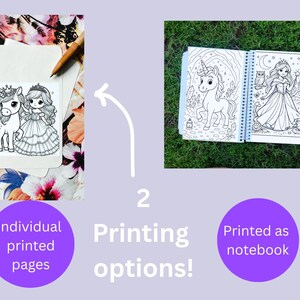Puede incluir: Un conjunto de productos para colorear que muestra dos formatos: p&aacute;ginas impresas individuales con una ilustraci&oacute;n de unicornio y princesa, y un cuaderno de espiral que contiene arte lineal en blanco y negro de un unicornio y una princesa.