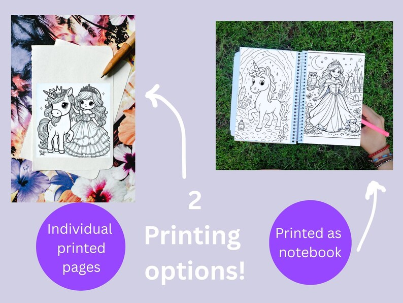 Puede incluir: Un conjunto de productos para colorear que muestra dos formatos: p&aacute;ginas impresas individuales con una ilustraci&oacute;n de unicornio y princesa, y un cuaderno de espiral que contiene arte lineal en blanco y negro de un unicornio y una princesa.