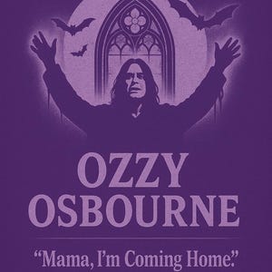 May include: Purple graphic featuring Ozzy Osbourne with outstretched arms, a gothic window, and bats. The word "RIP" is at the top, with "Ozzy Osbourne" below, and the quote "Mama, I'm Coming Home."