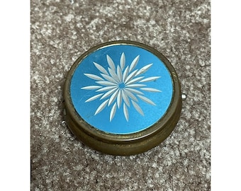 Vintage MCM Etched Starburst Design Metal Blue Pill Box Round 1960s