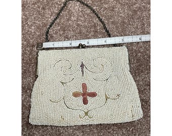 Antique Beaded Purse with Point de Beauvais Embroidery 1920s Flapper Metal Strap