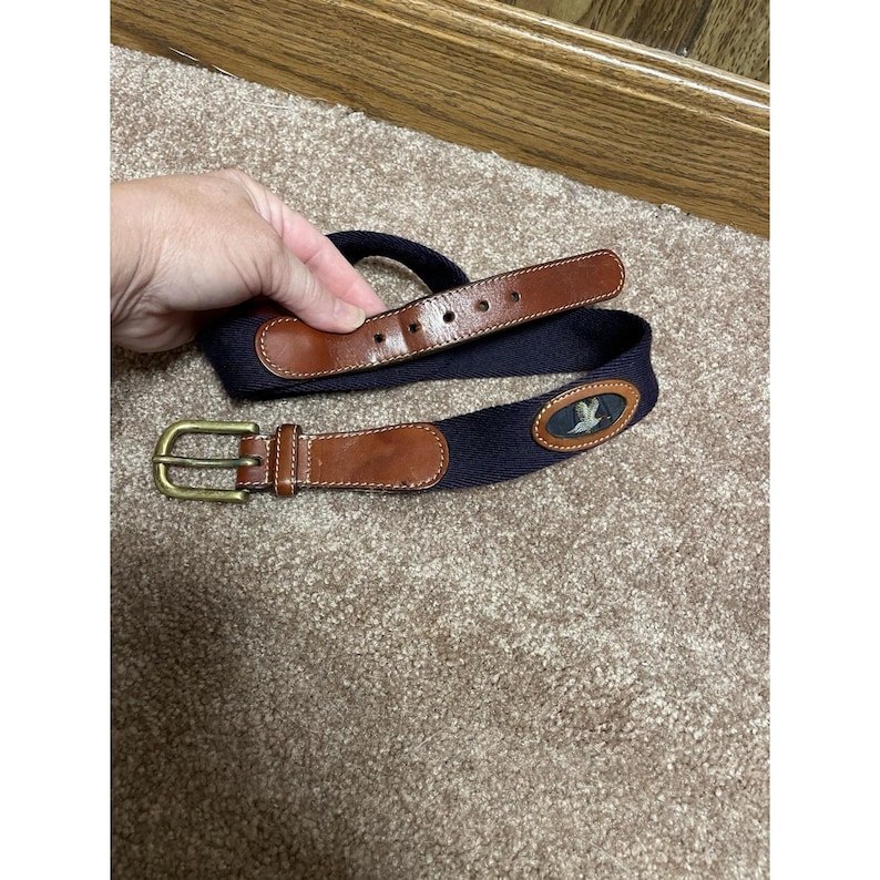 VTG Brighton Leather Belt Duck Size 34 Blue Brown Solid Brass Buckle image 1
