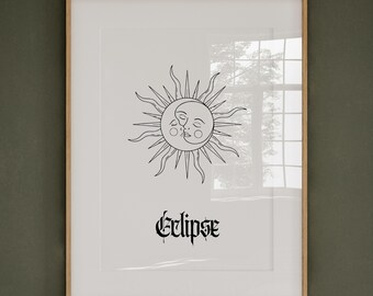 Linjekonsttryck med sol och måne – Celestial Boho-dekoration i väggen (digital nedladdning)