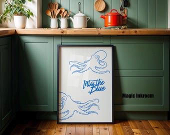 Blå bläckfisk linjekonsttryck | Minimalistisk kustdekor (digital nedladdning)