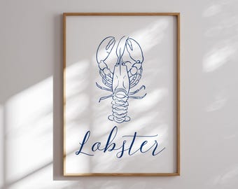 Blå hummerlinjekonsttryck: Minimalistisk kustdekor (digital nedladdning)