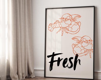 Konsttryck med hummermotiv: Minimalistisk kustinredning i köket (digital nedladdning)