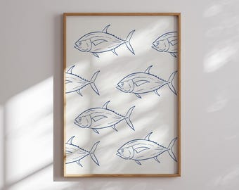 Blå tonfisk linjekonsttryck: Minimalistisk kustnära köksinredning (digital nedladdning)