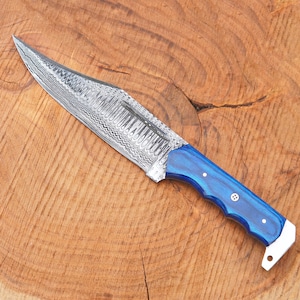 Handmade Damascus Steel Hunting Knife with Blue Handle| Custom Outdoor Camping Bowie Knife with Leather Sheath | Unique Gift for Him, Father